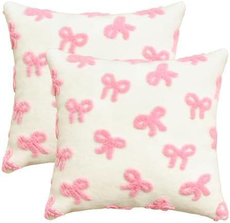 AVOIN colorlife Pink Bow Throw Pillow Covers, 18 x 18 Inch Soft Plush Faux Fur Jacquard Cushion Case Decoration for Girl Gift Bedroom Holiday Home Sofa Couch Set of 2