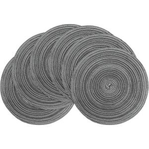 Floroom 15 Inch Round Braided Placemats Set of 6, Washable Heat Resistant Cotton Polyester Circle Place Mats for Kitchen Dining Table - Mist Grey