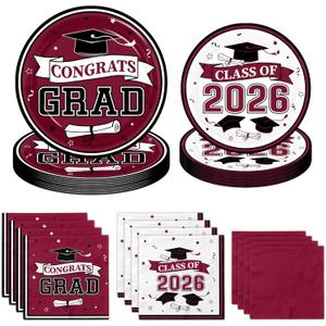 Maroon Graduation Plates and Napkins Class of 2026 Grad Congrats Party Supplies Disposable Paper Plates Napkins for 2026 Graduation Party Decorations, Serve 50