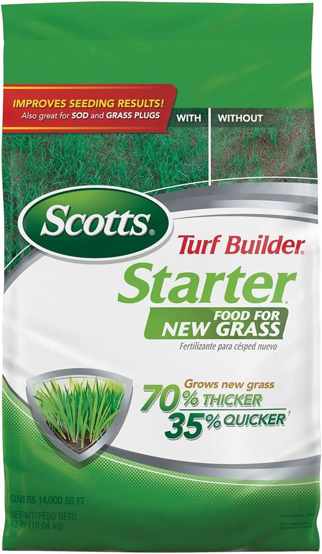 Scotts Turf Builder Starter Fertilizer for New Grass, Use When Planting Seed, 14,000 sq. ft., 42 lbs. Scotts Turf Builder Starter Fertilizer for New Grass, Use When Planting Seed, 14,000 sq. ft., 42 lbs.