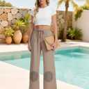 Demoking Cotton Linen Pants Women Straight Leg Casual Loose Drawstring Hippie Beach Vacation Clothes (S)