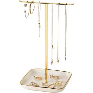 pickpiff Necklace Holder Stand with Ceramic Base: 12" Jewelry Tree Display Organizer for Necklaces, Bracelets, Rings, Earrings, Tall Gold Stand for Women, Aesthetic Room Dcor, Gold and White (6.7" base)