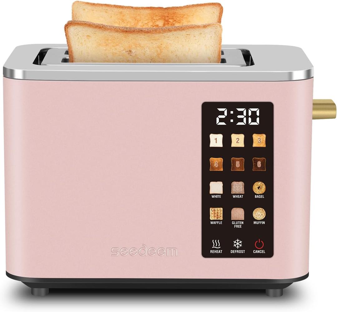 SEEDEEM Toaster 2 Slice, Touch Control Screen, Smart Stainless Toaster, 6 Shade Setting, 6 Bread Selection, Countdown, Removable Crumb Tray, 900W, Peach Pink (9.4*6.3*7.3)