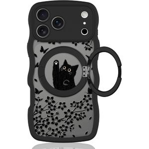 Wavy Case for iPhone 17 Pro Max Case with Stand [Compatible with MagSafe] Cute Black Cat & Floral & Butterflies Pattern Design, Kawaii 360 Magnetic Ring Kickstand Phone Cover for Women Girls