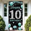 10th Birthday Banner Teal Blue Silver, Happy 10th Birthday Decoration for Girls, Fabric Turquoise 10 Year Old Birthday Party Yard Sign Photo Booth Props Door Backdrop Decor, Indoor Outdoor