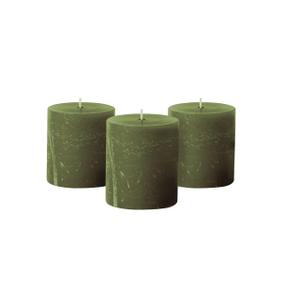 Simply Soson 3x3 inch Dark Moss Green Pillar Candles Set of 3, Rustic Texture, Unscented Green Candles, Dripless Candles, 3 inch Pillar Candles for Wedding Parties Spas Dinner Home Decoration Church