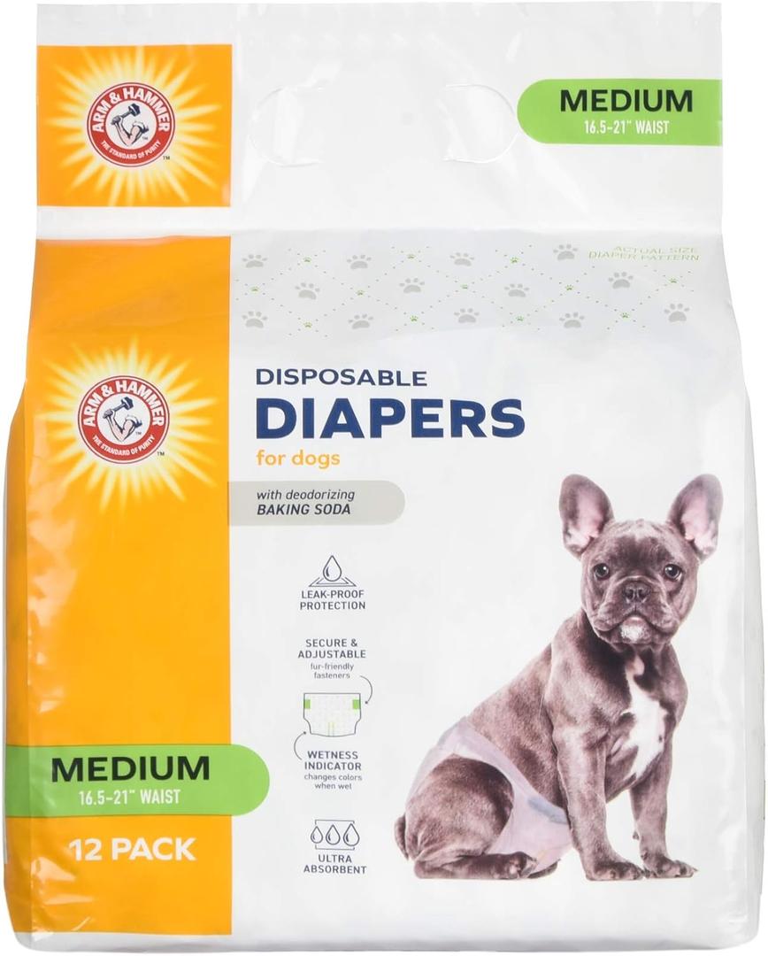 Arm & Hammer for Pets Disposable Female Dog Diapers with Odor Control and Wetness Indicator, Leak-Resistant Dog Diapers for Incontinence and Heat Cycles, Size Medium 16.521 in Waist, 12 Count