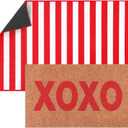 Dunzy 2 Pcs Valentine's Day Doormats Layered Front Door Mats Non Slip Floor Coir Rugs Red and White Stripe XOXO Doormats for Porch Entryway Indoor Outdoor Home Decor