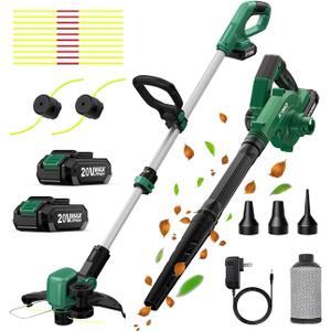 KIMO 20V Weed Wacker and Blower Combo w/2 x 2.0Ah Battery & Charger, 12 Inch String Trimmer w/10Pcs Cutting Lines, 4-in-1 Leaf Blower Cordless w/Vacuum, 3 Nozzles & 20" Extended Tube for Yard, Garden