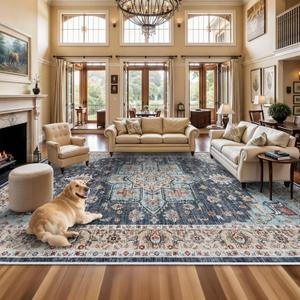 TOPRUUG Washable Oriental Area Rug - 12x18 Rugs for Living Room Soft Carpet for Bedroom Waterproof Floral Distressed Indoor Stain Resistant Non-Shedding Floor Carpets (Blue/Teal/Orange, 12x18)