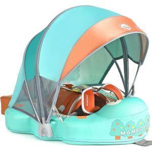 Mambobaby Non-Inflatable Baby Pool Float with Tail and Canopy UPF 50+ Sun Protection No Flip Over Infant Swim Float Skin-Friendly Mambo Float Swim Trainer Solid Baby Swimming Ring, adjustable