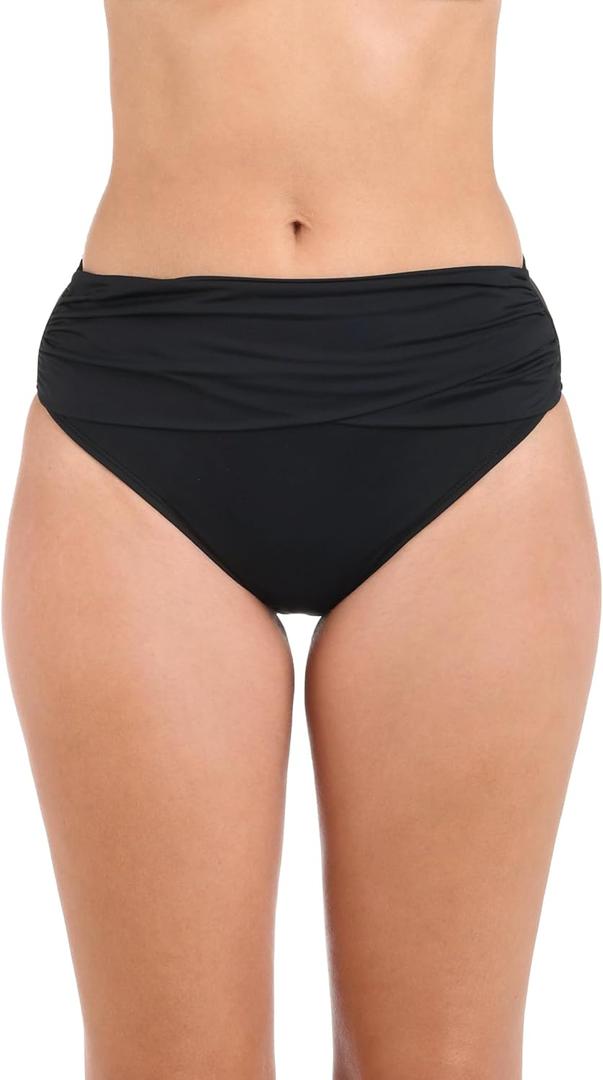 Island Goddess Banded Mid Waist Pant Bikini Swimsuit Bottom (10, Black)