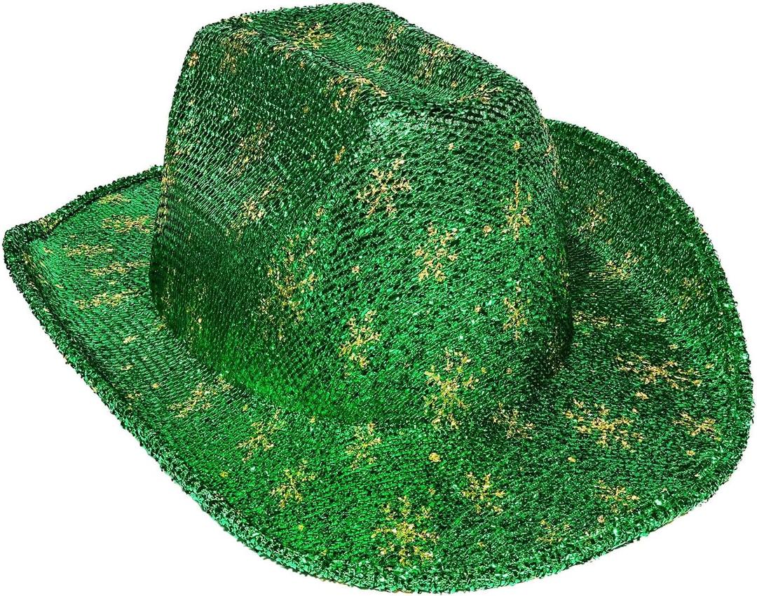 Christmas Cowboy Cowgirl Santa Hat Western Hat Gliiter Party Hat for Women and Men for Christmas Party Activity (Green)