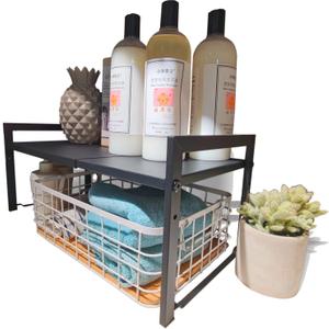 Expandable Cabinet Shelf Organizer 16-26" L Stackable Kitchen Counter Shelf Sink Rack Countertop Storage Black (Wide 10.6D)