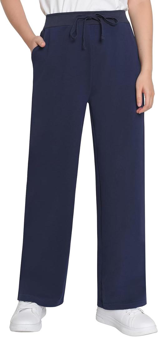 Weintee Women's Petite Wide Leg Sweatpants Cotton Pants with Pockets (Navy, Large Petite)