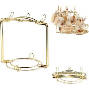 YOLIFE Tea Cup Holder for Countertop, Gold Metal Cup and Saucer Display Stand, Foldable Tea Station Organizer, Espresso Coffee Cups Rack for Home or Bar Decor