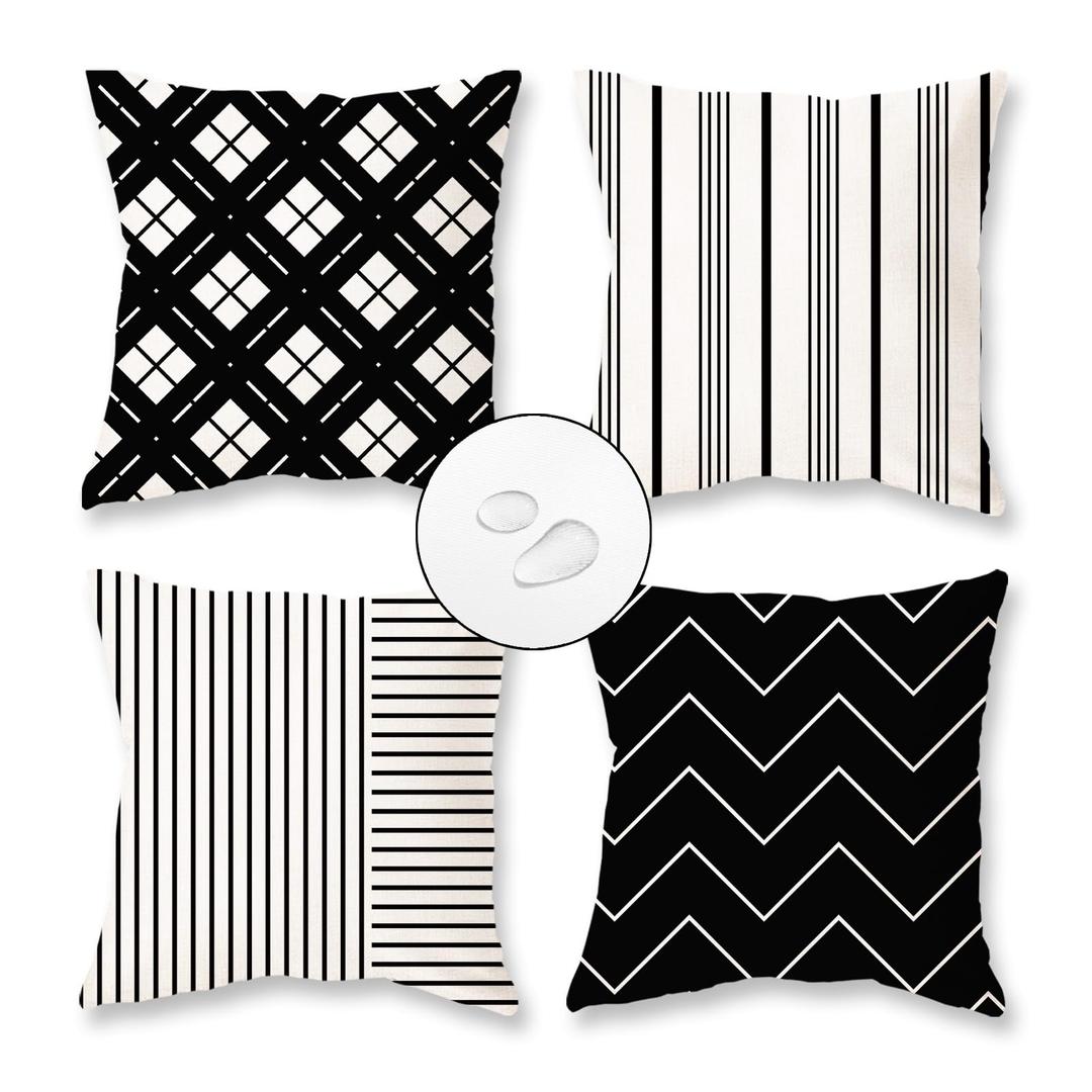 TAJWE Outdoor Waterproof Pillow Covers 16x16 Set of 4 Black and White Modern Geometry Stripe Decorative Cushion Cases for Patio Furniture Couch Porch