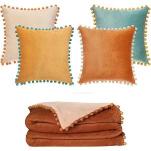 MONDAY MOOSE 18x18 inch Pom Pom Decorative Throw Pillow Covers and 50x60 inch Fleece Throw Blanket, Mix and Match for Home Decor (Orange/Teal, Burnt Orange/Light Orange)