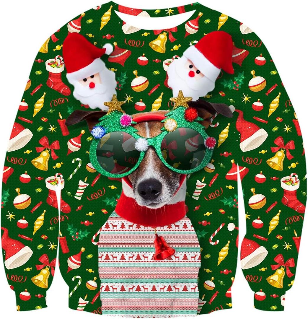 Mens Ugly Christmas Sweater Novelty 3D Graphic Long Sleeve Junior Xmas Sweatshirt Size S-3XL (Green, S)