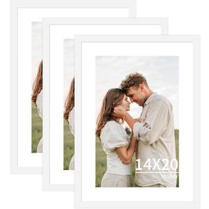 YESKAY 14x20 Picture Frame 3 Pack - White Poster Frame Display Pictures 11x17 with Mat or 14 x 20 Without Mat for Wall Hanging Horizontal and Vertical