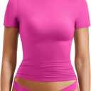 YEOREO Women Fitted Workout Tops Short Sleeve Double Lined Basic Y2K Going Out Crew Neck Compression Crop Top (Pink, M)