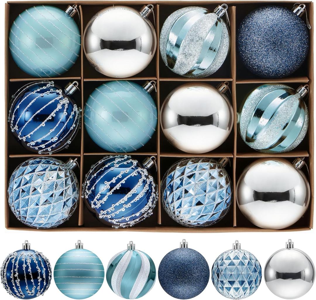 JOYIN 12 Pcs Blue Silve Christmas Balls Ornaments Set, 3.15'' Glittering Tree Hanging Christmas Decorations, Xmas Large Shatterproof Indoor Decor for Tree Wreath Holidays Wedding Party