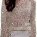 SOLY HUX Women's Hollow Out Sequin Sparkly Sweater Sheer Long Sleeve Shiny Pullover Coverup Tops Party Outfits (Plain Apricot)