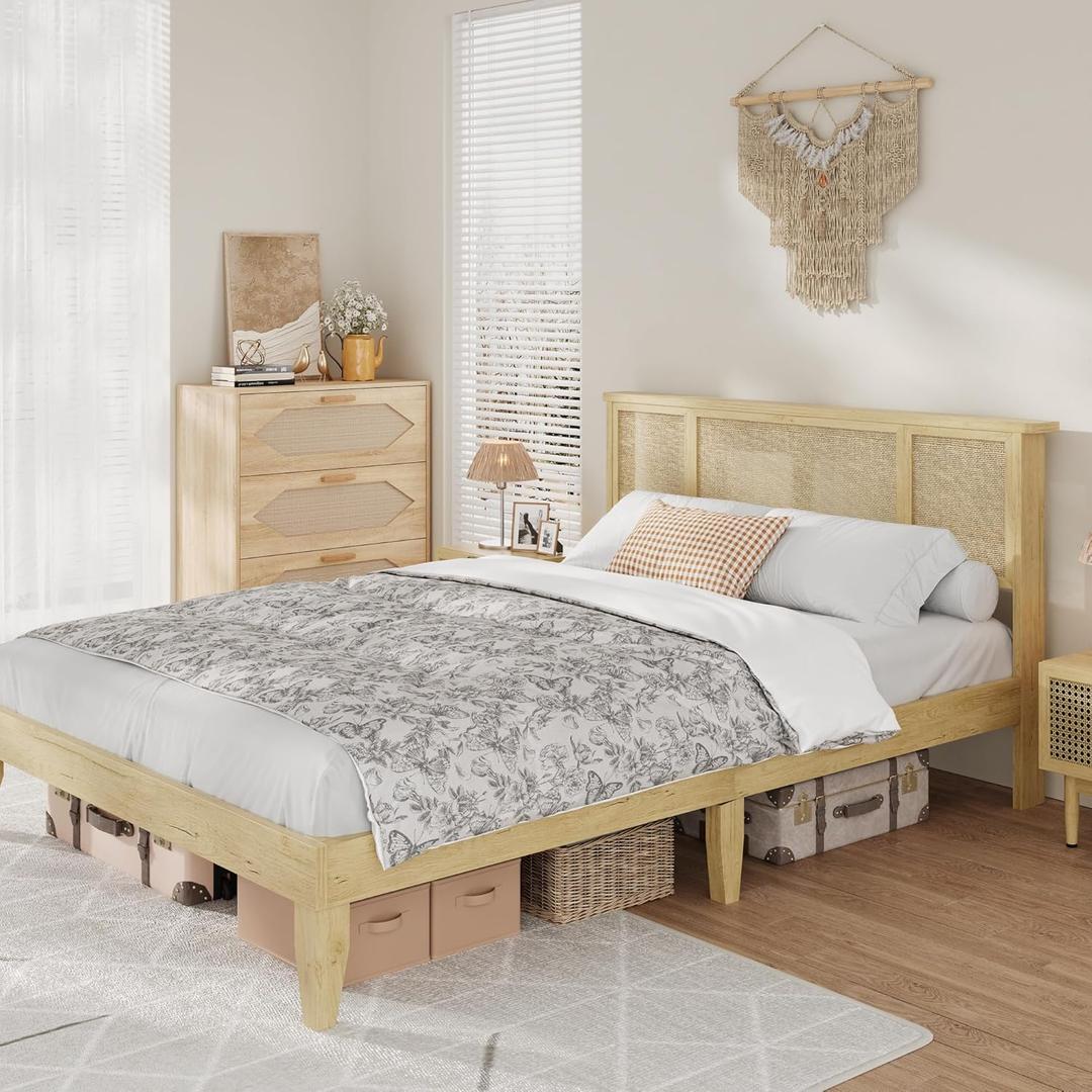 IDEALHOUSE Queen Bed Frame with Natural Rattan Headboard, Sturdy Wooden Slats, Metal Platform, Boho Cane Mattress Support, No Box Spring Needed, Stylish and Robust Bedroom Furniture