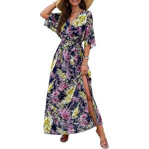 Womens Half Sleeve Wrap V Neck Chiffon Floral Casual Maxi Dress Spring Summer Wedding Guest Dresses for Women 2025 SIZE L