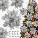 16 PCS Poinsettia Flower Artificial Poinsettia Christmas Decorations Glitter Poinsettias Christmas Ornaments Christmas Tree Flower Decorations with Clips DIY Xmas Wreath Holiday Weed Home Party Decor (Silver)