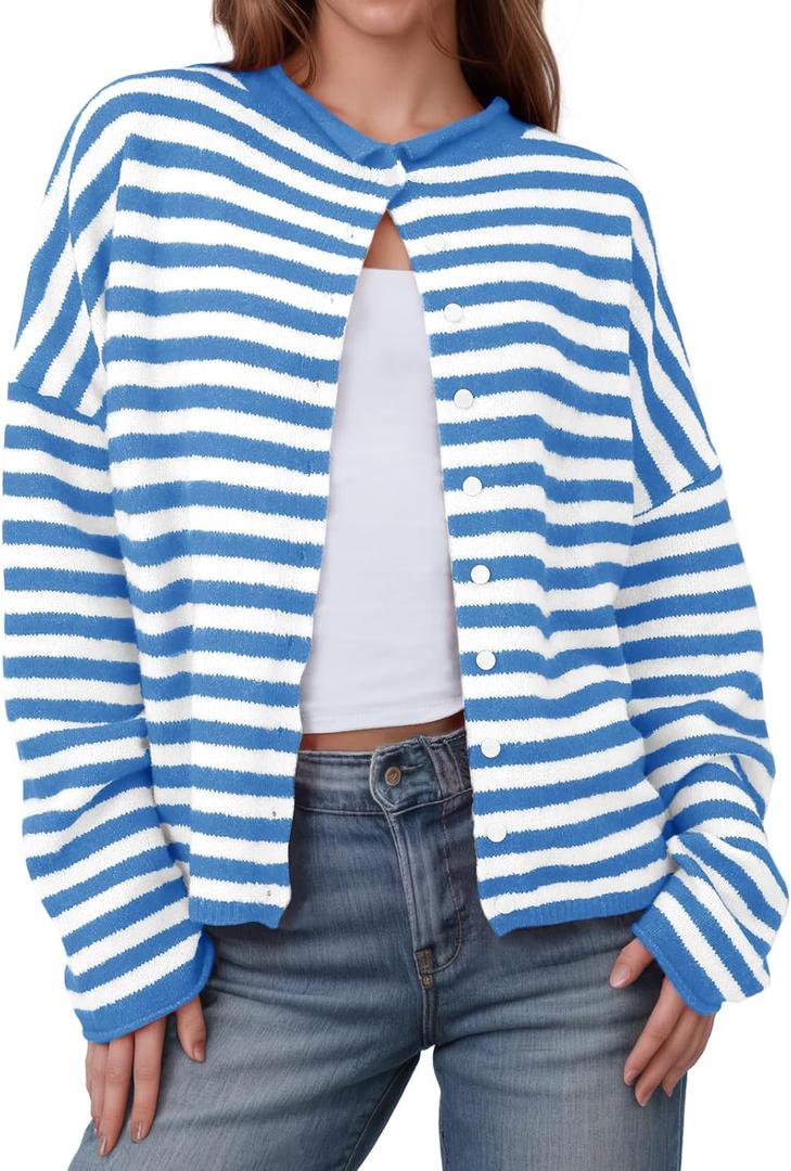 Saodimallsu Womens Striped Cardigan Casual Long Sleeve Open Front Button Down Loose Knit Lightweight Fall Sweaters (Blue, M)