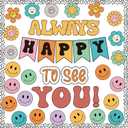 63 Pcs Groovy Bulletin Board Decorations Set Retro Smiley Face Classroom Decor with Black Dots Border Trims for Back to School Classroom Wall Door Decor (Orange)