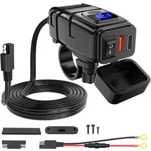 Nilight Motorcycle USB Type C Port 12V Voltmeter Independent On Off Switch SAE Inline 10A Fuse Waterproof 6.8A QC3.0 Fast Phone Tablet for 7/8inch Handlebar