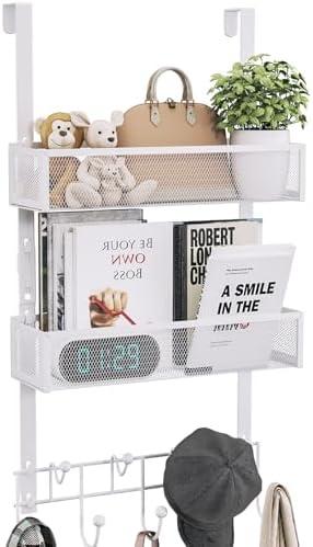 Consumest Over The Door Organizer Hooks, Door Hanger with 9 Coat Hooks & 2 Mesh Basket, Rustproof Back Storage Organizer for Bathroom, Kitchen, Bedroom-White (for 1.76in Doors), Set of 3