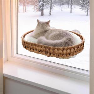 2 Ways Cat Window Perch with Solid Wood Frame, Wicker Design Cat Window Seat with 4 Suction Cups, Window Hammock for Cats Inside with Removable Cushion, Cat Hammock for Window & Wall