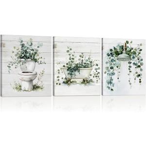 Dunzoom 3 Pcs Vintage Framed Eucalyptus Herb Bathroom Wall Rustic Botanical Sage Green Canvas Prints Set Farmhouse Leaves Wall Decor for Bathroom Bedroom Living Room, 8'' x 10''