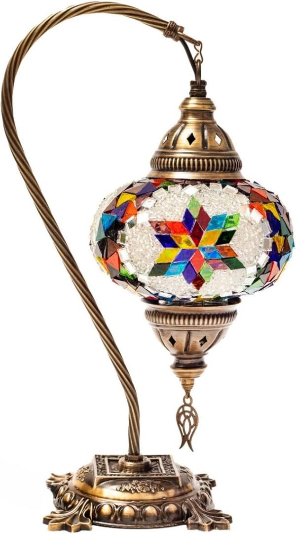 Handmade Turkish Mosaic Table Lamp  Multicolor Rainbow Glass Swan Neck Bedside Light with Antique Bronze Base, Moroccan Style Decor for Bedroom & Living Room  LED Bulb Not Included  15"