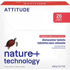 ATTITUDE Dishwasher Pods, Naturally Derived Dishwashing Detergent, Vegan and Plant-Based Dish Soap Tablets, Phosphate Free, Unscented, 26 Count (26 Count (Pack of 1))