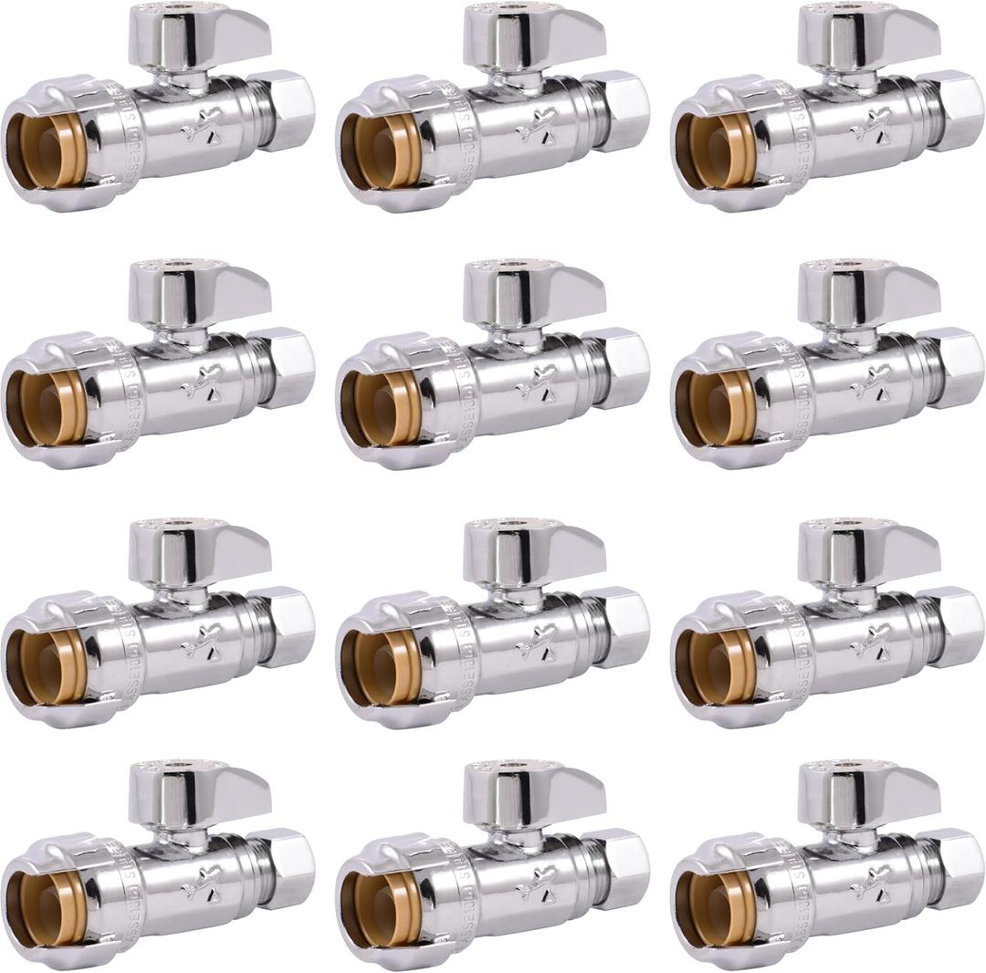 SharkBite 1/2 x 3/8 Inch Compression Straight Stop Valve, Pack of 12, Quarter Turn, Push to Connect Brass Plumbing Fitting, PEX Pipe, Copper, CPVC, PE-RT, HDPE, 23037LFZ