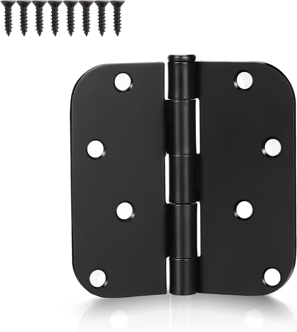 KNOBWELL 12 Pack 4" X 4" Matte Black Door Hinges No Squeak Hinges Rounded Square Corner, 5/8 Inch Round Radius Exterior Door Hinge in Black