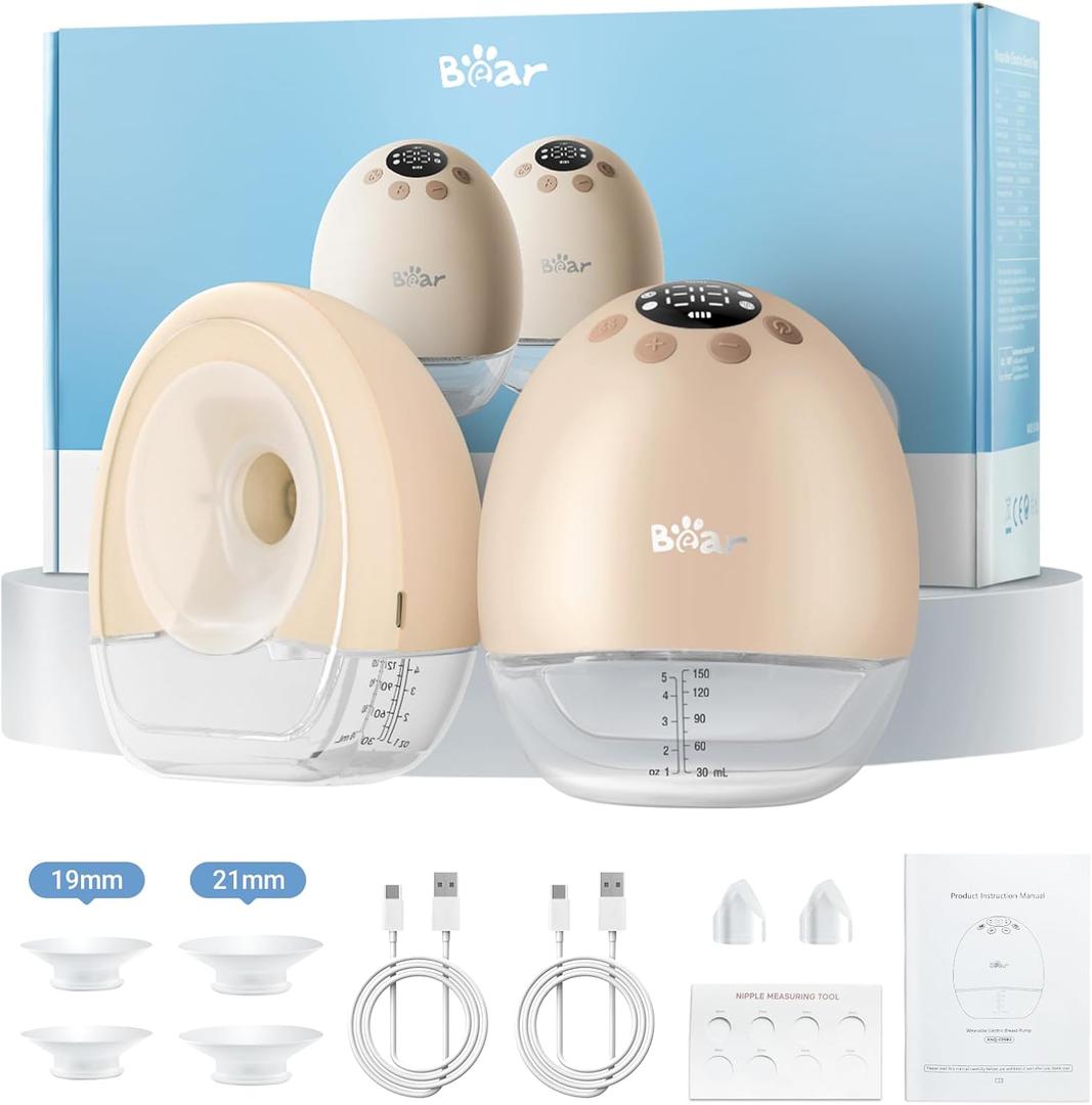 Bear Breast Pump Hands Free, Wearable Breastfeeding Pumps Strong Suction Low Noise, 4 Modes& 9 Levels Electric Breast Pump Portable, 19/21/24mm Insert Flange, 2 Packs (Pink)