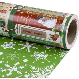 RUSPEPA Christmas Reversible Wrapping Paper Roll, Mini Roll, Vintage Christmas Bookshelf Design, Green with White Snowflake Pattern Gift Wrap Paper for Book Lover, Holiday Party, 17 Inches x 32.8 Feet