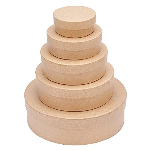 BENECREAT 5 Sizes Papier Mache Flat Round Boxes Nesting Stacking Craft Paper Gift Box for Candy Chocolate Biscuits, Halloween Christmas, Wedding Festival Gift Packaging