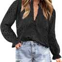ZESICA Women's Casual Blouse Tops Puff Long Sleeve Button V Neck Hollow Out Eyelet Lace Embroidered Shirt Dressy (Black, L)
