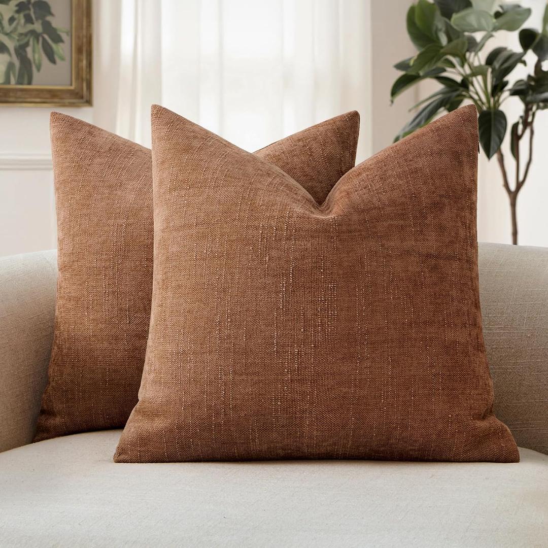 MIULEE Textured Pillow Covers 26x26 Inch Pack of 2,Pecan Brown Soft Thick Euro Solid Decorative Chenille Throw Pillows Neutral Farmhouse Cushion Covers Modern Home Decor for Bed Couch Living Room
