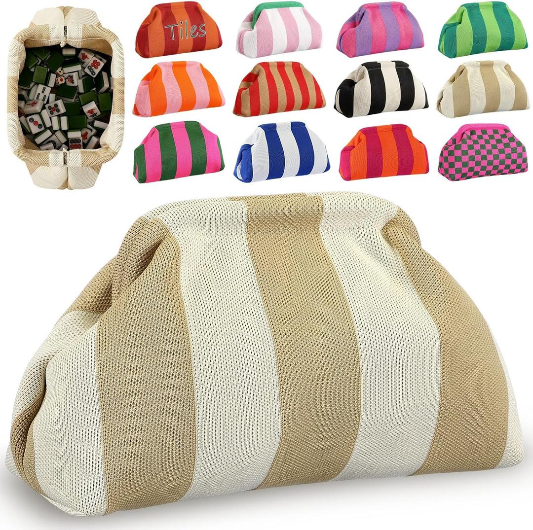 Mahjong Tile Bag Woven Clutch Purses for Women Woven Striped Dumpling Bag Summer Beach Evening Handbag for Mahjong Tile Vacation Supplies (Khaki Beige,Thick Lines)