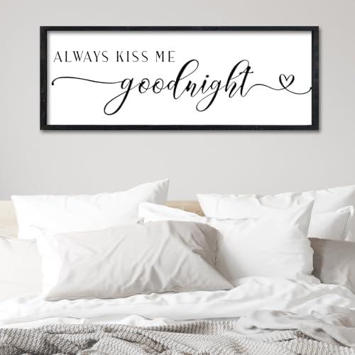 Surfapans Master Bedroom Above Bed Wall Decor 24"×10" Always Kiss Me Goodnight Sign Rustic Farmhouse Couples Over Bed Romantic Love Quotes Modern Large Wood Frame Horizontal Wall Hanging Art (Black