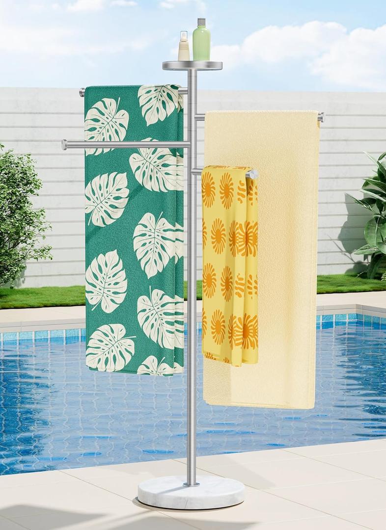 KES Hot Tub Towel Rack Outdoor with 1.5X Heavier Natural Marble Weighted Base, Pool Towel Rack with 360 Adjustable Arms & Storage Tray, 18/8 Stainless Steel, Brushed Steel, OTR203-2
