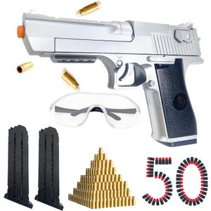 Foam Blaster Pistol Toy Gun with Shell Ejecting  Safe for Kids Ages 6+  Includes 50 Soft Bullets & Goggles  32ft Shooting Range  Fun Indoor Outdoor Party Game  Great for Foam Dart Battles (Silver)