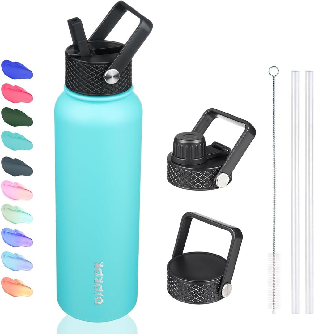 BJPKPK Insulated Water Bottles with Straw Lid, 40oz Stainless Steel Water Bottles with 3 Lids, BPA Free Leakproof Thermos, Tumblers, Cups for Sports, Gym- Turquoise (40 Ounces)